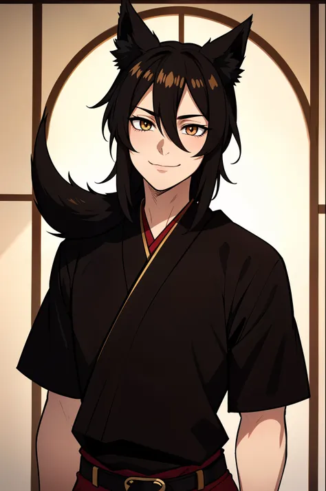 (high-quality, breathtaking),(expressive eyes, perfect face), symmetrical eyes, 1boy, male, solo, young adult, black hair , gold coloured eyes, gentle smile, medium hair, loose hair, hair between eyes, japanese clothing, black shirt short sleeved with a re...