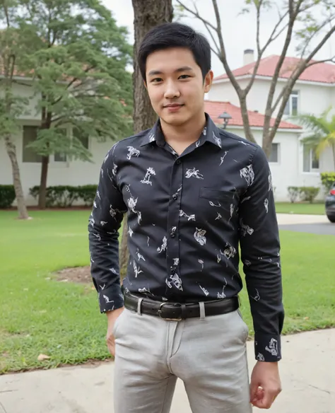 A young Thai or Asian man with a handsome doctor's face, wearing thick and long (Show full look)Wear a neat office outfit, a black tie-dye long-sleeved shirt, light gray slacks in polyester fitted fabric, a black belt, a square steel buckle, showing a cyli...