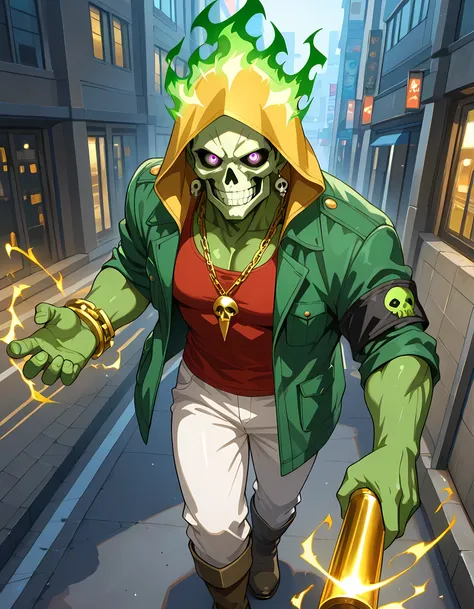 ((green skull head in green flames, man with green skull face, hellish flames around the skull face, golden eyes, green skin, green and golden aura):1.2), (counter-dive angle, Cinematic zoom-in, Motion Blur, epic action, cinematic composition, 85mm DSLR le...