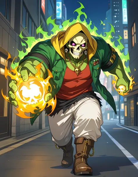 ((green skull head in green flames, man with green skull face, hellish flames around the skull face, golden eyes, green skin, green and golden aura):1.2), (counter-dive angle, Cinematic zoom-in, Motion Blur, epic action, cinematic composition, 85mm DSLR le...