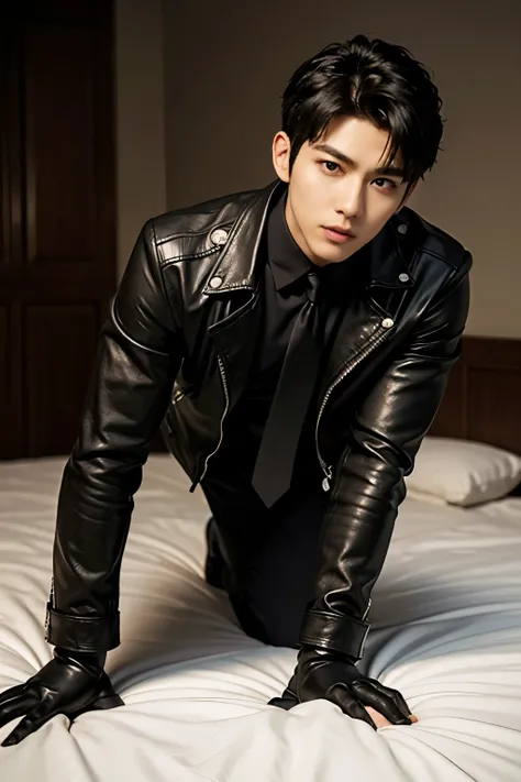 a slim muscular, Full body shot of a handsome K-pop male idol in leather jacket and tie and leather gloves. push up against the bed in bedroom. tempting.sexy.try to rape.realistic high quality .intricate detail face , ultra high res, uhd. Hyper-realism. a ...