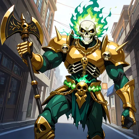 ((green skull head in green flames, man with green skull face, hellish flames around the skull face, skull face on belly with clenched teeth, green flames in mouth, golden eyes, skeletal details on the armor, green skin, standing, green and golden aura):1....