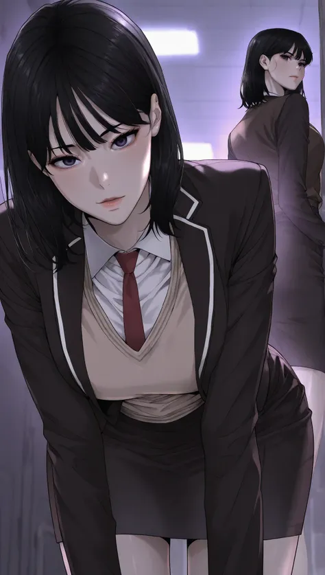 black hair, black eyes, medium hair, purple eyes,school uniform, (black jacket:1.1), long sleeves, brown vest, white shirt, collared shirt, red necktie, pencil skirt, black skirt looking at viewer, seductive face,soft light, high detailed, best quality, st...