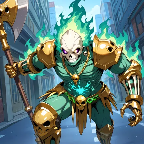 ((golden eyes, skull face on belly with clenched teeth, skeletal details on the armor, green skin, standing, green and golden aura):1.2), (counter-dive angle, Cinematic zoom-in, Motion Blur, epic action, cinematic composition, 85mm DSLR lens, shallow depth...