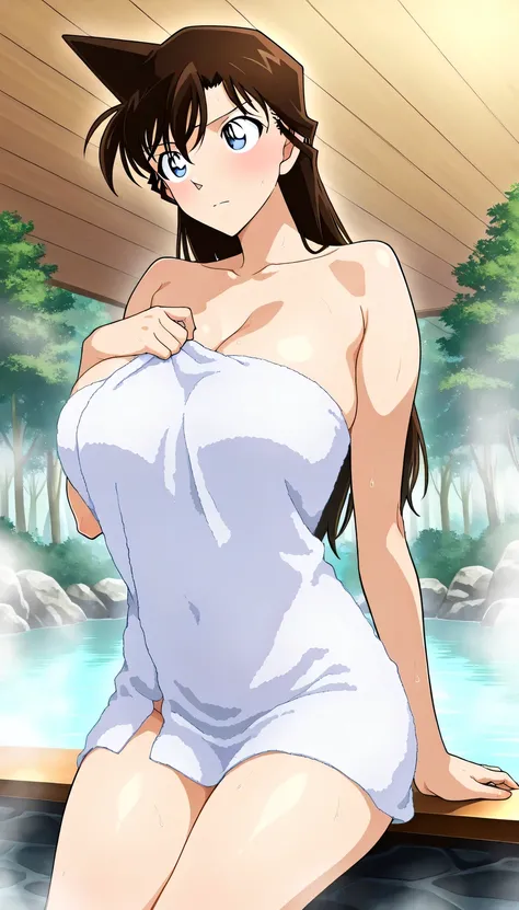 masterpiece,Highest Quality,{{details, beautiful face and eyes}}, 非常にdetailsな背景,
  Mouri Ran,long hair,brown hair,light blue eyes,A medium-sized bust surrounded by dense forest,Beautiful bowl-shaped breasts, breasts not too big with bangs down,C cup breast...