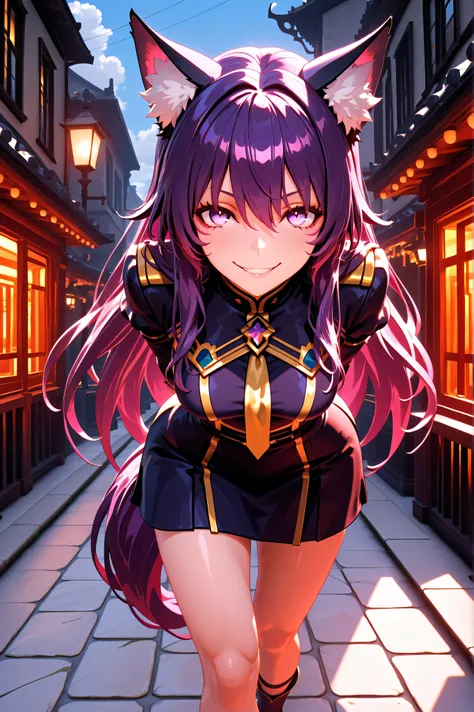 Masterpiece , best quality , amazing quality , absurdres , very aesthetic , lazypos , 3D, Delta_Eminence, Delta, walking, arms behind back, bend forward, evil smile, teasing stare