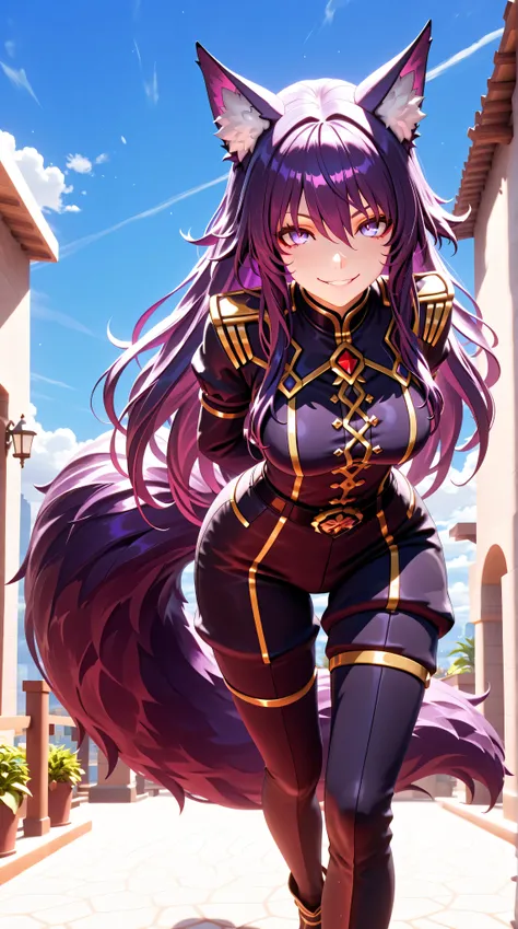Masterpiece , best quality , amazing quality , absurdres , very aesthetic , lazypos , 3D, (Delta_Eminence, Delta), (fluffy tail), walking, arms behind back, bend forward, evil smile, teasing stare