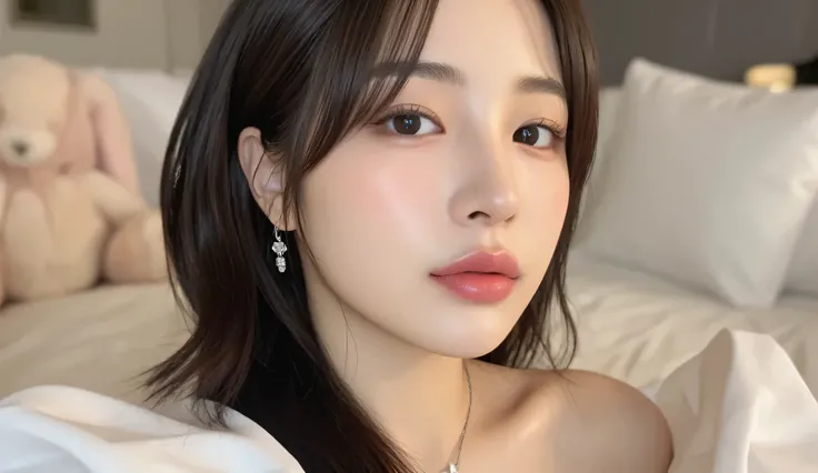 a hyper-realistic selfie of a stunningly beautiful Korean female idol, soft diffused natural light in a cozy bedroom, perfect skin texture with visible light pores and a natural glow, deep expressive eyes with bright catchlights, natural glossy pink lips, ...