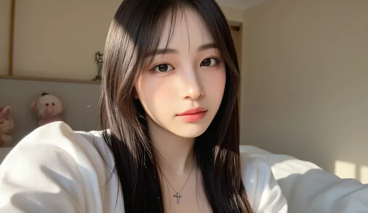 a hyper-realistic selfie of a stunningly beautiful Korean female idol, soft diffused natural light in a cozy bedroom, perfect skin texture with visible light pores and a natural glow, deep expressive eyes with bright catchlights, natural glossy pink lips, ...