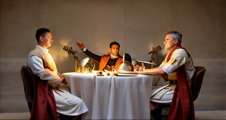 three men in Roman robes sit at a table,  Roman warriors, Roman togas, Ancient Rome , Roman legionaries, realistic, realism, photo, Real people