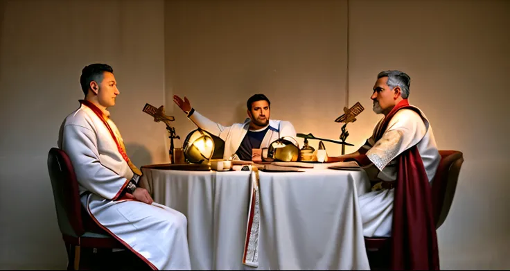 three men in Roman robes sit at a table,  Roman warriors, Roman togas, Ancient Rome , Roman legionaries, realistic, realism, photo, Real people