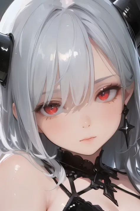 masterpiece , best image quality , ultra high res , Photorealistic , 8k uhd , ultra-precise , 1 girl , viewers , big , portrait , nail polish , gentle_light,Little black horns on both sides of the head where sexiness and cuteness coexist, A black dress th...