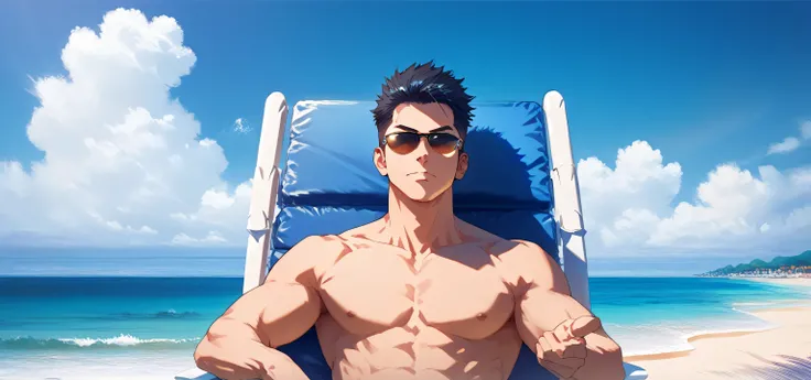 A faceless musuclar man sitting up on a blue lounge chair at the beach,  closeup portrait, he is pointing dramatically, short black hair,  wearing sunglasses, wearing blue swim trunks, shirtless, susicious expression, detailed. Masterpiece,  beach backgrou...