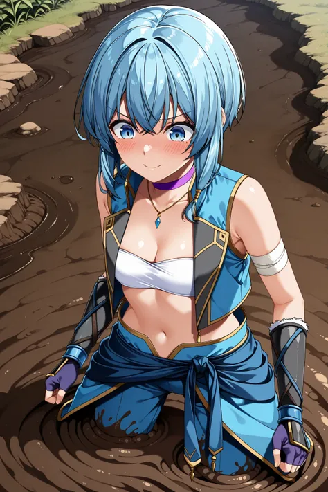 masterpiece, best quality, amazing quality, very aesthetic, absurdres, photorealistic, 1girl, solo,
narsena, blue hair, blue eyes, short hair, necklace,
small breasts, (sagging breasts:0.8), cleavage, white bandeau, bandaged arm, blue fingerless gloves, bl...