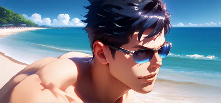 A faceless musuclar man striking an OBJECTION pose at the beach,  closeup portrait, he is pointing dramatically, short black hair,  wearing sunglasses, wearing blue swim trunks, shirtless, susicious expression, detailed, Masterpiece,  beach background,  