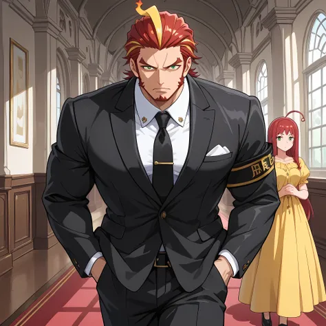 (high front angle, 85mm DSLR lens), ((anime skin texture, 1man walking with hands in pockets, perfectly detailed scenery, best image quality, full HD, perfectly detailed appearance, perfectly detailed eyes, 1man, man in a luxurious mansion, man standing sh...