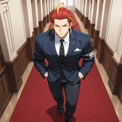 (high front angle, extreme close-up), ((anime skin texture, 1man walking with hands in pockets, perfectly detailed scenery, best image quality, full HD, perfectly detailed appearance, perfectly detailed eyes, 1man, man in a luxurious mansion, man standing ...