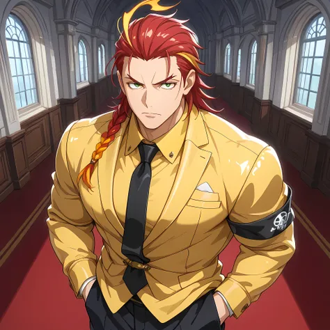 (high side angle, medium close-up), ((anime skin texture, 1man walking with hands in pockets, perfectly detailed scenery, best image quality, full HD, perfectly detailed appearance, perfectly detailed eyes, 1man, man in a luxurious mansion, man standing sh...