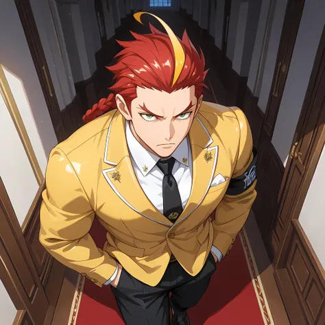 (high side angle, medium close-up), ((anime skin texture, 1man walking with hands in pockets, perfectly detailed scenery, best image quality, full HD, perfectly detailed appearance, perfectly detailed eyes, 1man, man in a luxurious mansion, man standing sh...