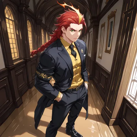 ((cold mist around, corridor being frozen by cold mist, cold aura around the man's body, orange ice daggers in the man's hands):1.2), (high side angle, medium close-up), ((anime skin texture, 1man walking with hands in pockets, perfectly detailed scenery, ...