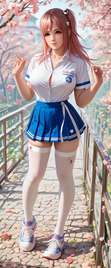     
 Japanese beautiful girl, dead or alive, jk uniform, mini skirt,sexy thigh-high stockings, sneakers, school, long legs, cute girl,big breasts, sakura, honoka, pink air, 