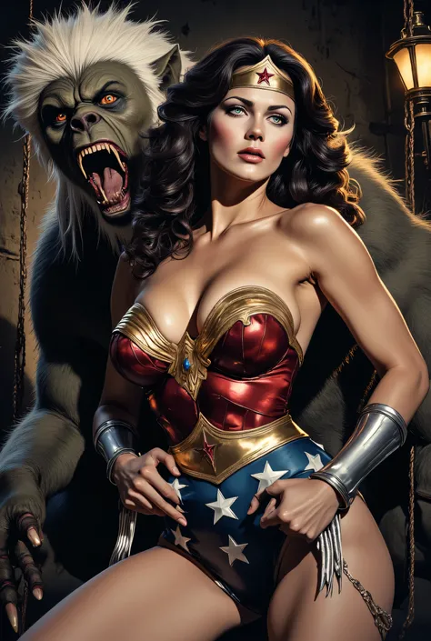 (  BEST ILLUSTRATION :1.2), (  masterpiece:1.2 ), (   super detailed ),  8,000, 16K,  wallpaper,(  Fantasy:2.0) ,Wonder Woman, Almost naked , Graphic novels,MTG Style ,（ Screen designed for Tarot theme ），（Draw a Tarotel-style border around the screen），（（ R...