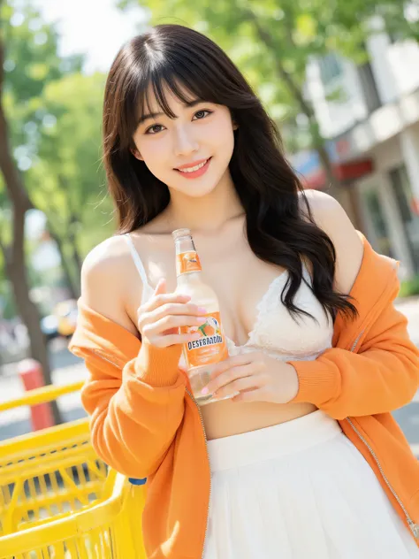 A cute sexy Asian girl standing outdoors on a sunny day, smiling confidently. She has long, wavy black hair with bangs and is not wearing a hat. Her outfit includes a white lace bralette, a high-waisted white pleated skirt, and a bright orange zip-up hoodi...