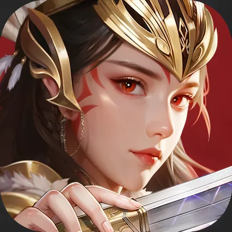  game icon ，antiquity，close up，Silhouette，Realism， sunshine，Lens 135mm，f1.8，3D rendering Animated style、General Yang，Female Warrior,girl wearing a gold helmet，Nice appearance,red paint on her cheeks，Highlight the earrings、Hair accessories、sword blade and o...