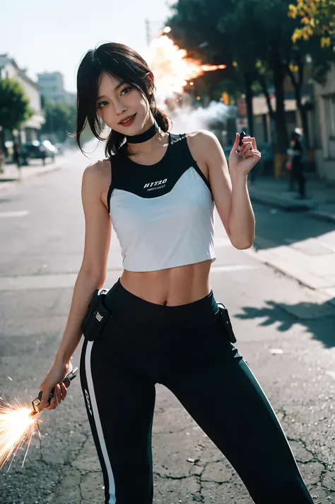 (masterpiece),best quality,amazing quality,beautiful face,((perfect assets)), (masterpiece), best quality, expressive eyes, perfect face, reze, short hair, black hair, abs, Kazakhstan girl, knife holster, leggings training track long pants, simple bra, mar...