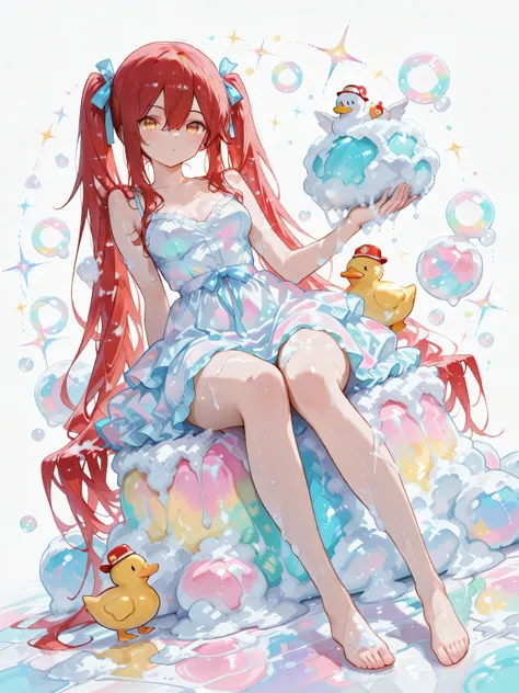 wide shot,full body 1 girl , golden eyes , very long hair , long sidelocks, red hair ,half updo, petite , very cute , beautiful ,Straight hair, cool, handsome, hair between eyes, sexy, medium breasts , (twintails), wavy hair,sundress,spread skirt,bare legs...