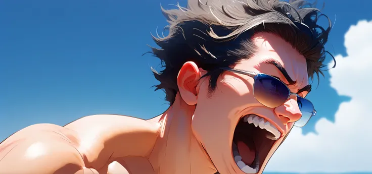 A  musuclar man ,  closeup portrait, he shouting with excitement, short black hair,  wearing sunglasses, shirtless, excited expression, detailed, Masterpiece,  beach background,  side profile