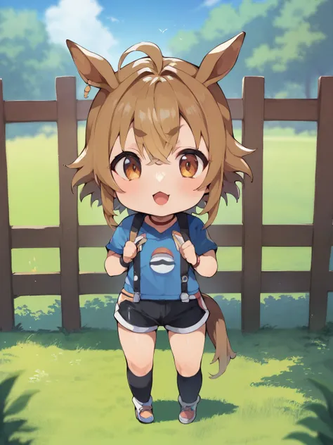 score_9, score_8_ up, score_7_ up, score_6_ up, score_5_ up, anime，nsfw，uncensored，( chibi:1.5)， one young girl clinging closely to the fence\(Trainer \(Uma Musume\)\)，Umamimi，Horse tail，expresses the greatest cuteness、emits delicate light、 retro atmosphere、Brilliant surroundings，Flying Sky,smile,:d,(Dynamic Poses:0.25) ,masterpiece, Highest Quality, professional, Brilliant Colors，motion blur，Effect line，sound effect，