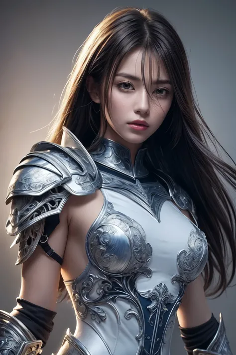 masterpiece, best quality, official art, (1girl, looking at viewer), long hair, mechanical white armor, intricate armor, delicate blue filigree, intricate filigree, red metalic parts, detailed part, dynamic pose, detailed background, dynamic lighting,