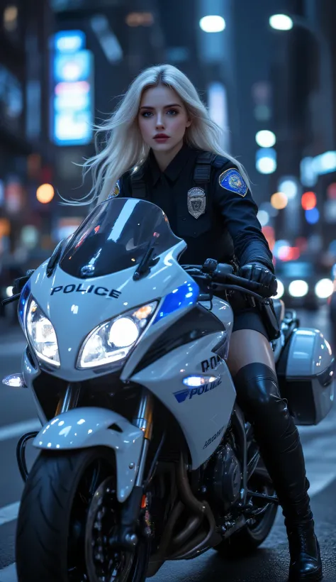 one female, (Police motorbike), ((Highest quality)), ((masterpiece)), (detailed), ((very detailed face)), High resolution photograph, full body portrait, slim face, pretty woman, (platinum blonde long hair), blue eyes, detail eyes, double eyelids, (Beautif...