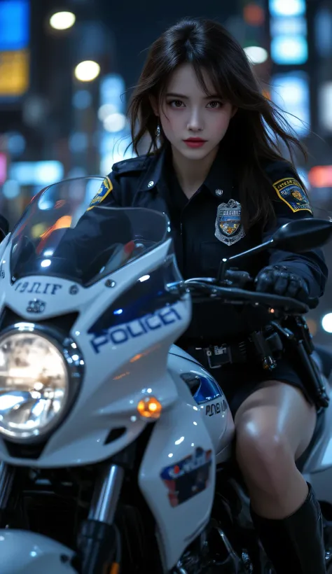 one female, (Police motorbike), ((Highest quality)), ((masterpiece)), (detailed), ((very detailed face)), High resolution photograph, full body portrait, slim face, pretty woman, (dark brown long hair), brown eyes, detail eyes, double eyelids, (Beautiful D...