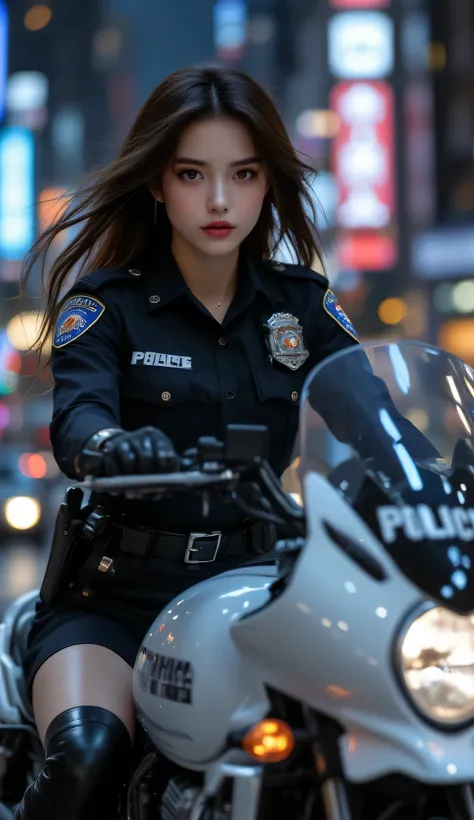one female, (Police motorbike), ((Highest quality)), ((masterpiece)), (detailed), ((very detailed face)), High resolution photograph, full body portrait, slim face, pretty woman, (dark brown long hair), brown eyes, detail eyes, double eyelids, (Beautiful D...