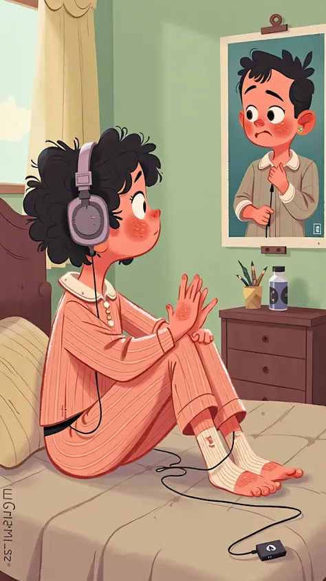 The is sitting on the bed in pajamas,wearing white socks;Back to camera,Facing the poster,looking at the poster of an idol male singer on the wall,listening to songs with MP3 headphones inserted in her ears,Looking hopeful。illustration retro style