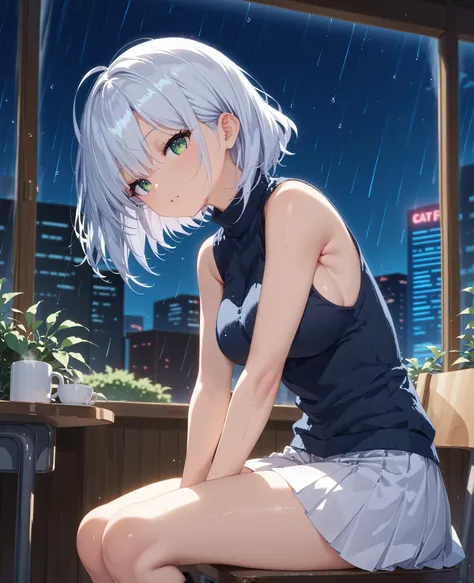 score_9, score_8_up, score_7_up, score_6_up, score_5_up, score_4_up, source_anime, (anime)、perfect face、Highly Detailed Faces、Highly Detailed Faces、beautiful girl、16k, sketch、clear skin、1 woman、((white hair))、medium hair、green eyes、BREAK、black sleeveless ...