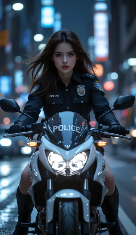 one female, (Police motorbike), ((Highest quality)), ((masterpiece)), (detailed), ((very detailed face)), High resolution photograph, full body portrait, slim face, pretty woman, (dark brown long hair), brown eyes, detail eyes, double eyelids, (Beautiful D...