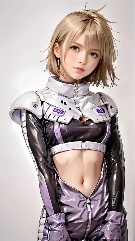 real、16k、Pilot Suit、The zipper is open from neck to belly button、dark purple tight bra with small cleavage and belly button visible
