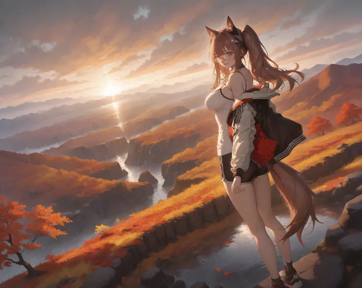 (NSFW:1.1), A Realistic image, extremely sharp focus, crisp details, high resolution, 4K, 8K. (correct anatomy and detailed hand). A wide angle shot, side view, a detailed, high quality rendering of Angelina from Arknights. She wears beautiful, detailed ro...