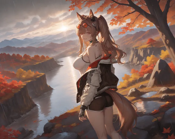 (NSFW:1.1), A Realistic image, extremely sharp focus, crisp details, high resolution, 4K, 8K. (correct anatomy and detailed hand). A wide angle shot, side view, a detailed, high quality rendering of Angelina from Arknights. She wears beautiful, detailed ro...