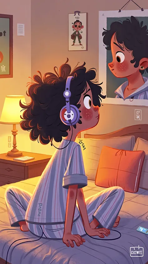 The is sitting on the bed in pajamas,Back to camera,Facing the poster,looking at the poster of an idol male singer on the wall,listening to songs with MP3 headphones inserted in her ears,Looking hopeful。illustration retro style