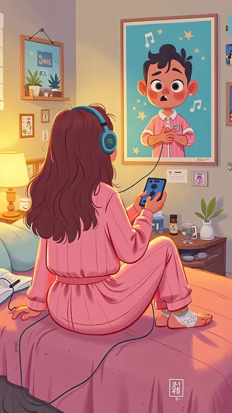 The is sitting on the bed in pajamas,Has long brown hair,Wear pink pajamas and pajamas;Back to camera,Facing the poster,looking at the poster of an idol male singer on the wall,listening to songs with MP3 headphones inserted in her ears,Looking hopeful。il...