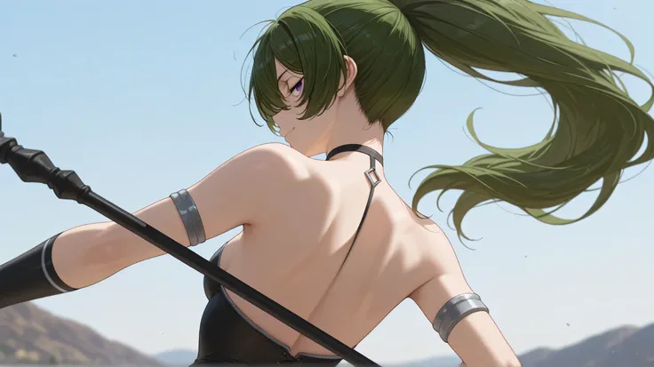 ubel, looking confident, dynamic pose, view on back, looking at back, holding staff