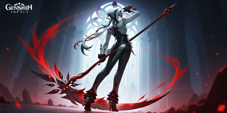 arlecchino, genshin impact, looking confident, dynamic pose, view on back, looking at back, full body shot, her scythe spiraling around her from the ground up