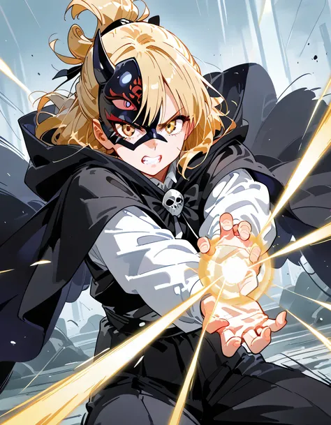 solo,(dynamic random sideview),dynamic fighting stance pose+,(closed up face),looking at viewer,The cloak, (the demon mask), attack action,the black cloak, the darkness lurking in the chapel, the dynamic angles, the strange presence,blonde curly half updo,...
