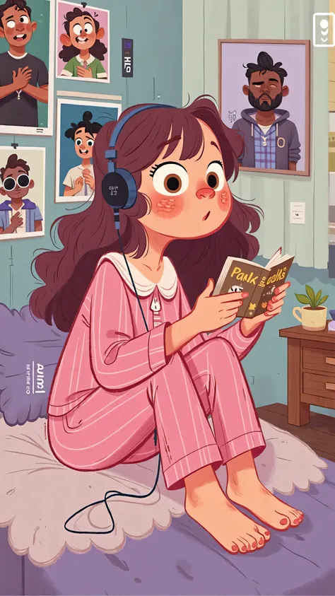 The is sitting on the bed in pajamas,With long hair,Wear pink pajamas and pajamas;looking at posters of idol male singers on the wall,listening to songs with MP3 headphones inserted in her ears,Looking hopeful。illustration retro style