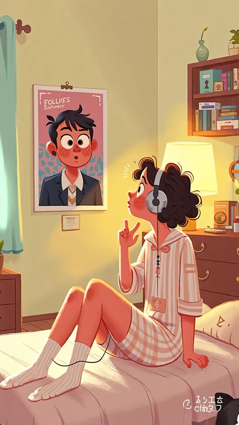The is sitting on the bed in pajamas,wearing white socks;Back to camera,Facing the poster,looking at the poster of an idol male singer on the wall,listening to songs with MP3 headphones inserted in her ears,Looking hopeful。illustration retro style