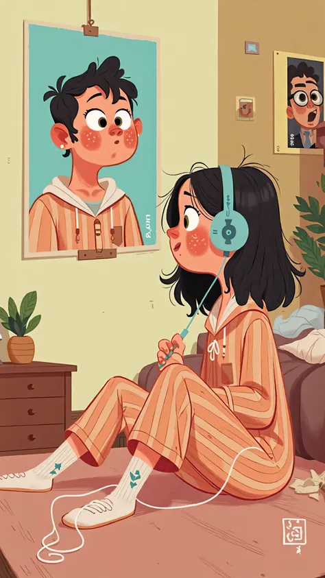 The is sitting on the bed in pajamas,wearing white socks;Back to camera,Facing the poster,looking at the poster of an idol male singer on the wall,listening to songs with MP3 headphones inserted in her ears,Looking hopeful。illustration retro style